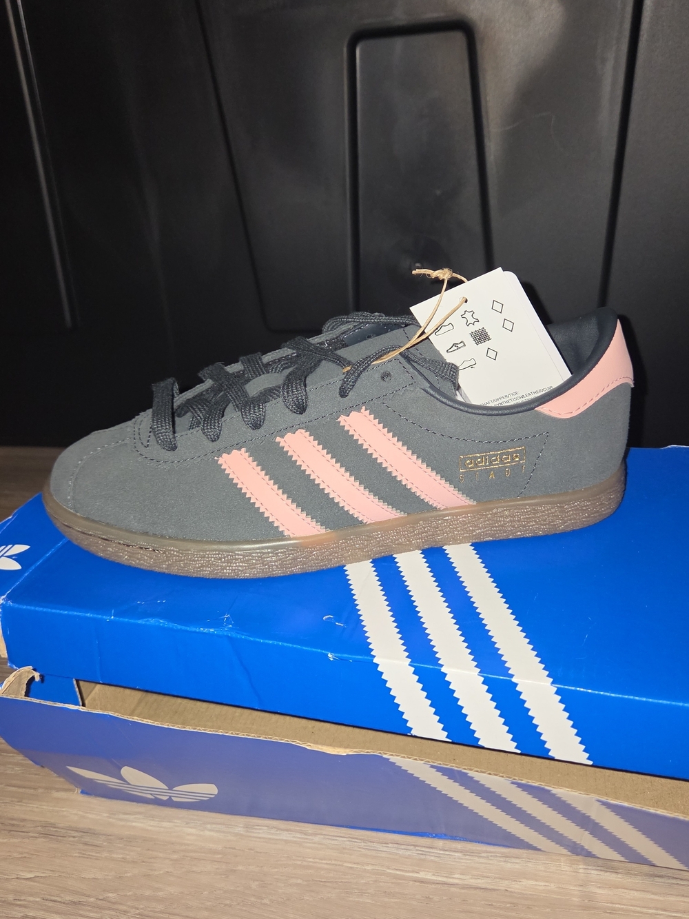 adidas Gray Suede Sneakers with Pink Stripes
